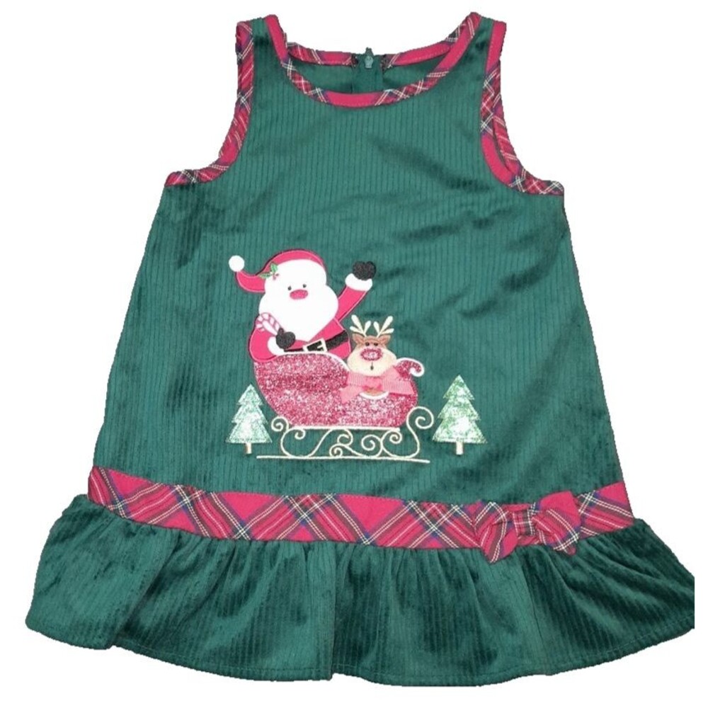 Rare Editions Green Christmas Dress Size 24M Holiday Dress 2T Santa VG+